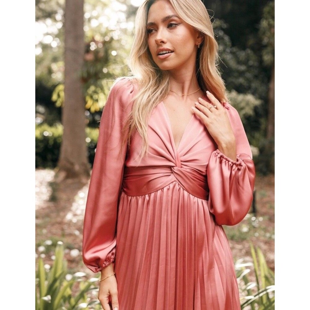 Petal & Pup Women's Noelle Twist Front Pleated Midi Dress Cocktail Size L Blush - Picture 5 of 16